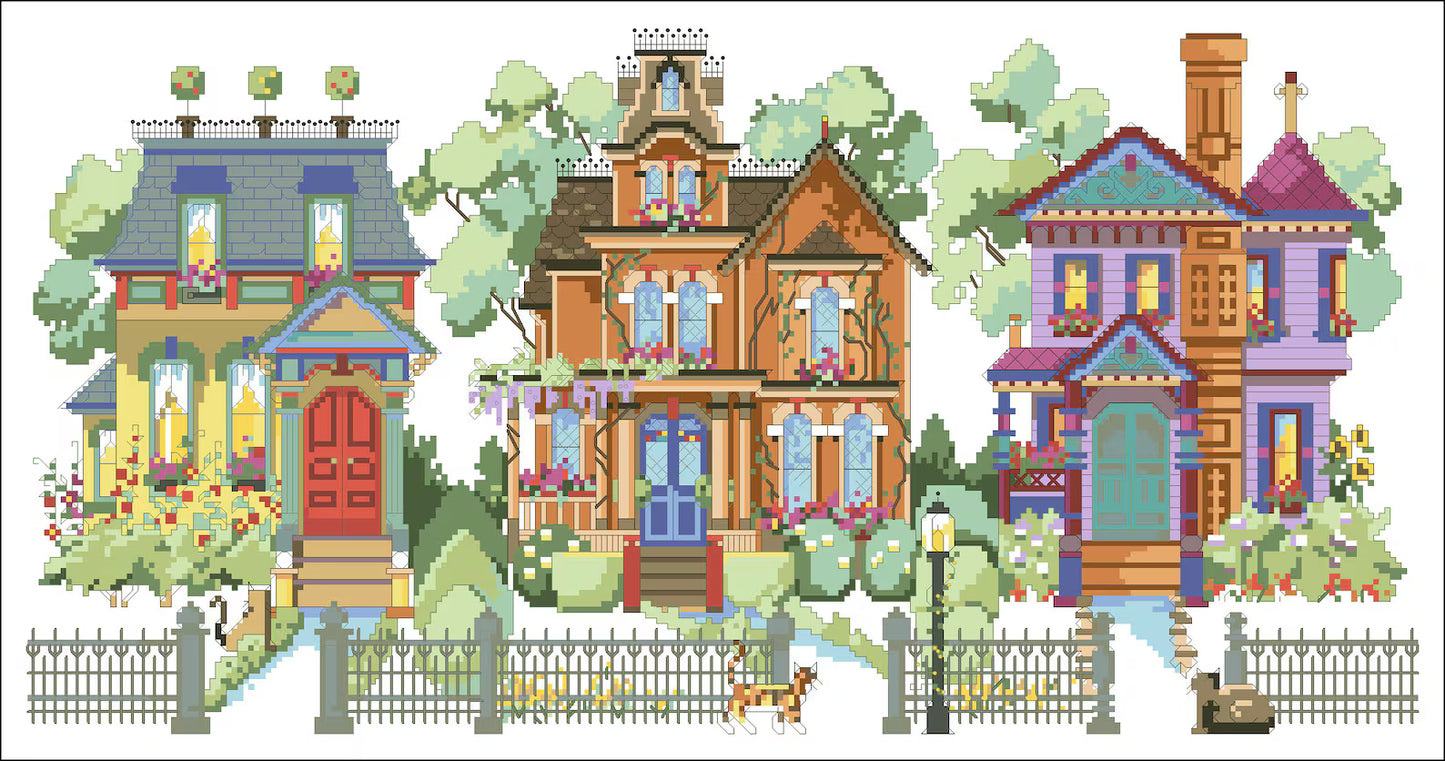 Cross stitch pattern Summer Street, house cross stitch, nature embroidery, PDF file, printable, summer cross stitch, vintage cross stitch