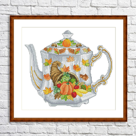 Autum Teapot Cross Stitch Pattern Cups Abstraction Kitchen Still Life Digital Modern Decor Pattern Embroidery Needlepoint Chart