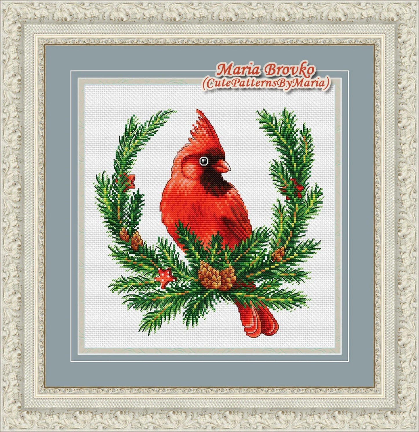 Cross Stitch Christmas Decor Spruce wreath with cardinal DMC Chart Printable PDF Instant Download