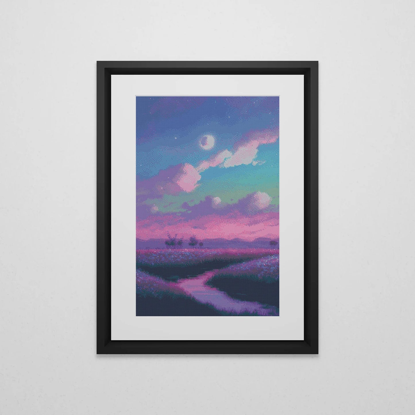 Lavender Landscape Cross Stitch Pattern | Lofi Moon Cross Stitch Chart Download | Nature Cross Stitch | Large Counted Cross Stitch PDF