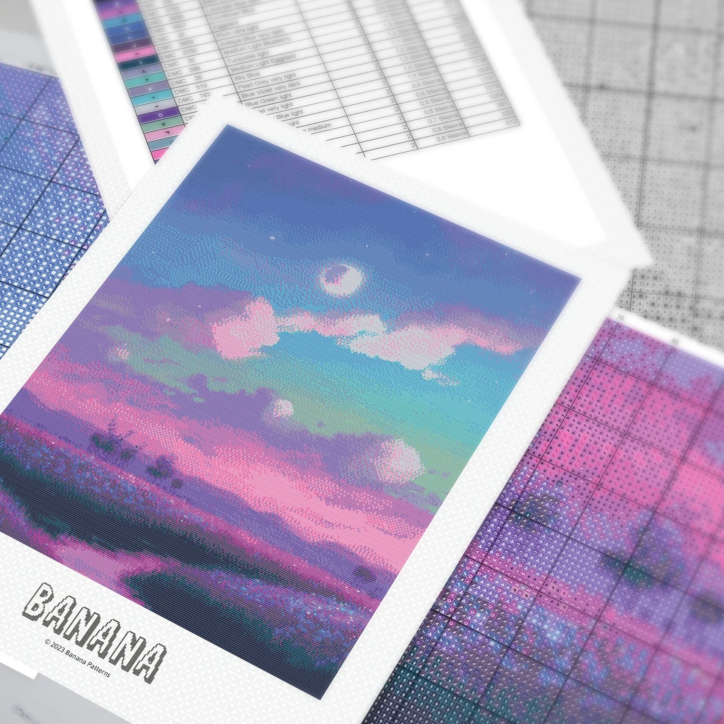 Lavender Landscape Cross Stitch Pattern | Lofi Moon Cross Stitch Chart Download | Nature Cross Stitch | Large Counted Cross Stitch PDF