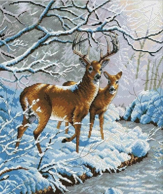 Deer cross stitch pattern, deer in snow cross stitch pattern, winter landscape cross stitch pattern
