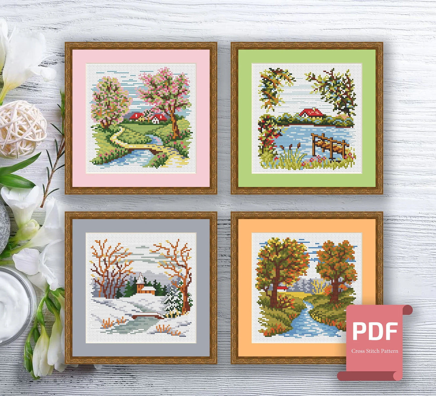 Set of 4 Seasons Landscape Cross Stitch Pattern | Seasons Cross Stitch Pattern | Four Seasons | Modern Cross Stitch | Download PDF #ssn050