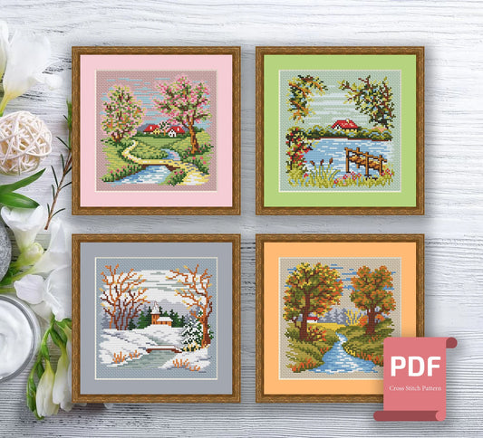 Set of 4 Seasons Landscape Cross Stitch Pattern | Seasons Cross Stitch Pattern | Four Seasons | Modern Cross Stitch | Download PDF #ssn050
