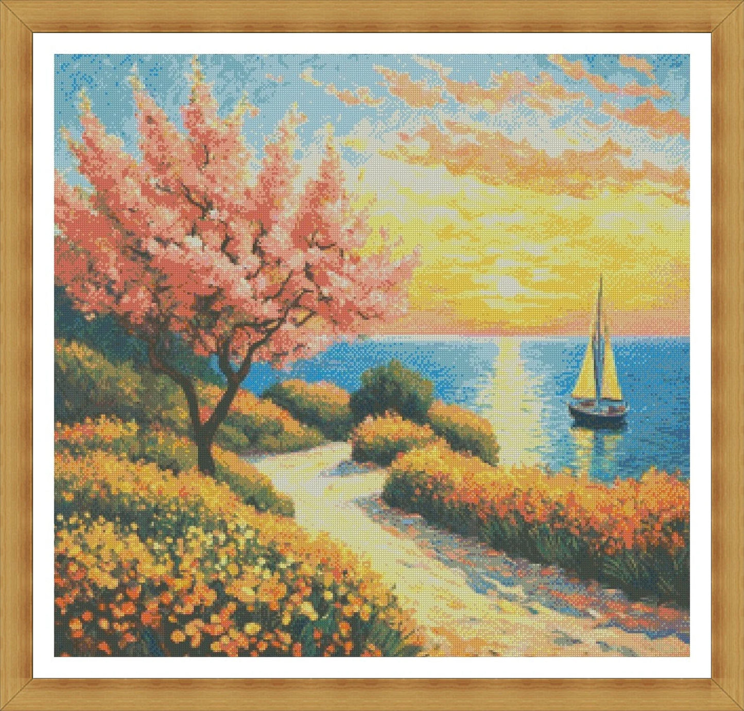 Cross Stitch Pattern,Blossom Tree With Sunset View,Sea Wave,Pdf,Instant Download,X Stitch Chart,Beach,Needlework,Coastal,Nature,Sailing