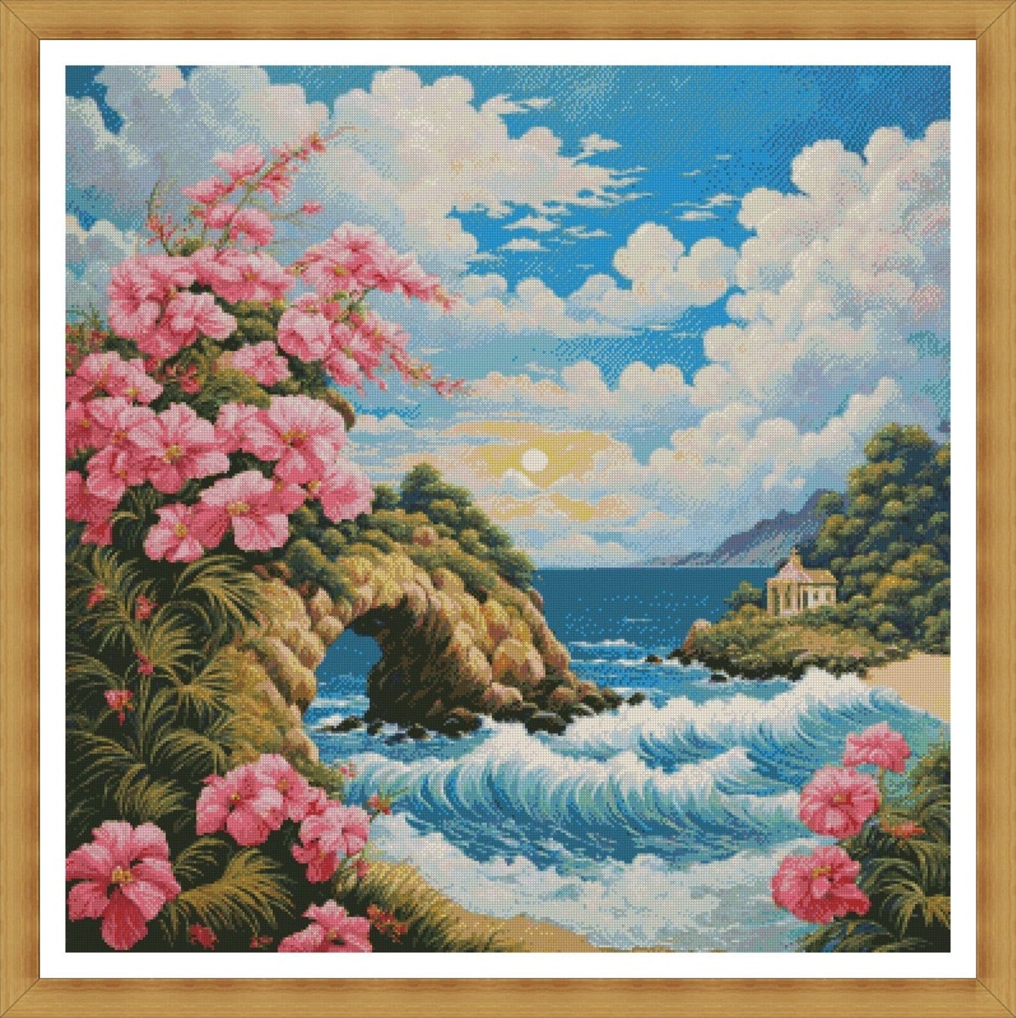 Cross Stitch Pattern,Tropical Island Chapel,Ocean Wave,Instant Download,Beach,Needlework,Coastal,Nature,Pink Hibiscus,Sea Arch,Full Coverage