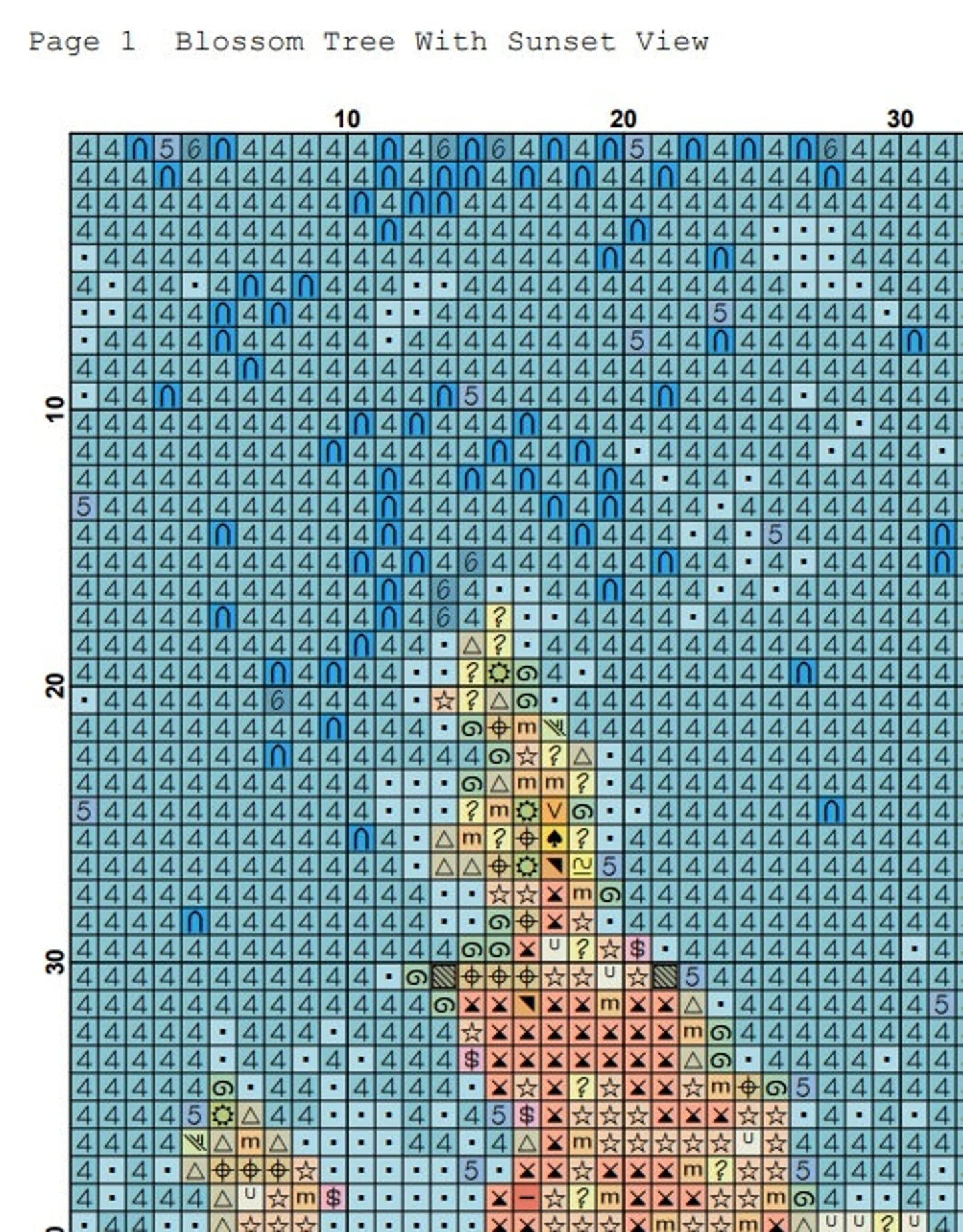 Cross Stitch Pattern,Blossom Tree With Sunset View,Sea Wave,Pdf,Instant Download,X Stitch Chart,Beach,Needlework,Coastal,Nature,Sailing