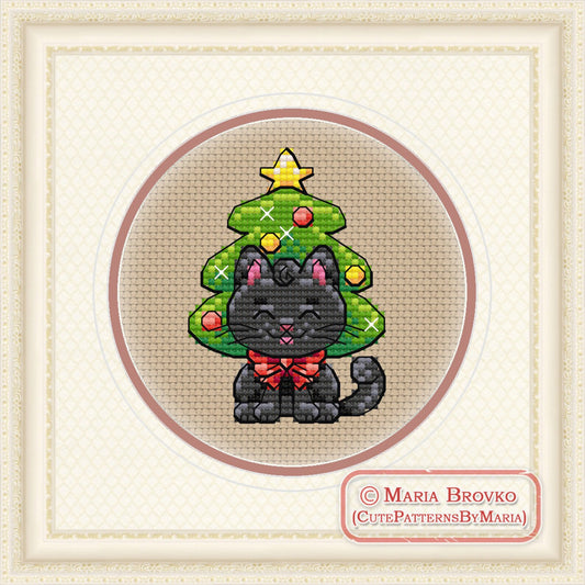 Cross Stitch Pattern Black Cat in a Christmas tree hat DMC Chart Printable PDF Instant Download