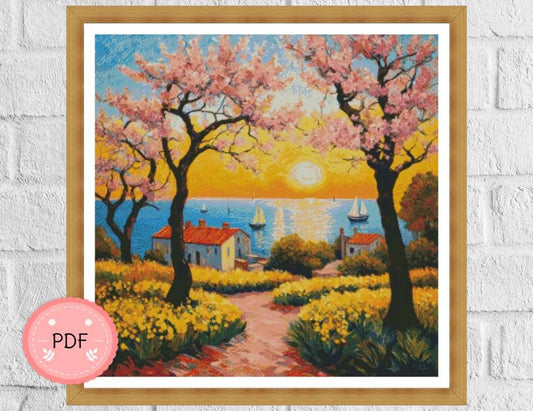 Cross Stitch Pattern,A Fishing Village Landscape,Instant Download,Beach,Blossom Tree,Coastal,Nature,Full Coverage,Sailing,Van Gogh Inspired