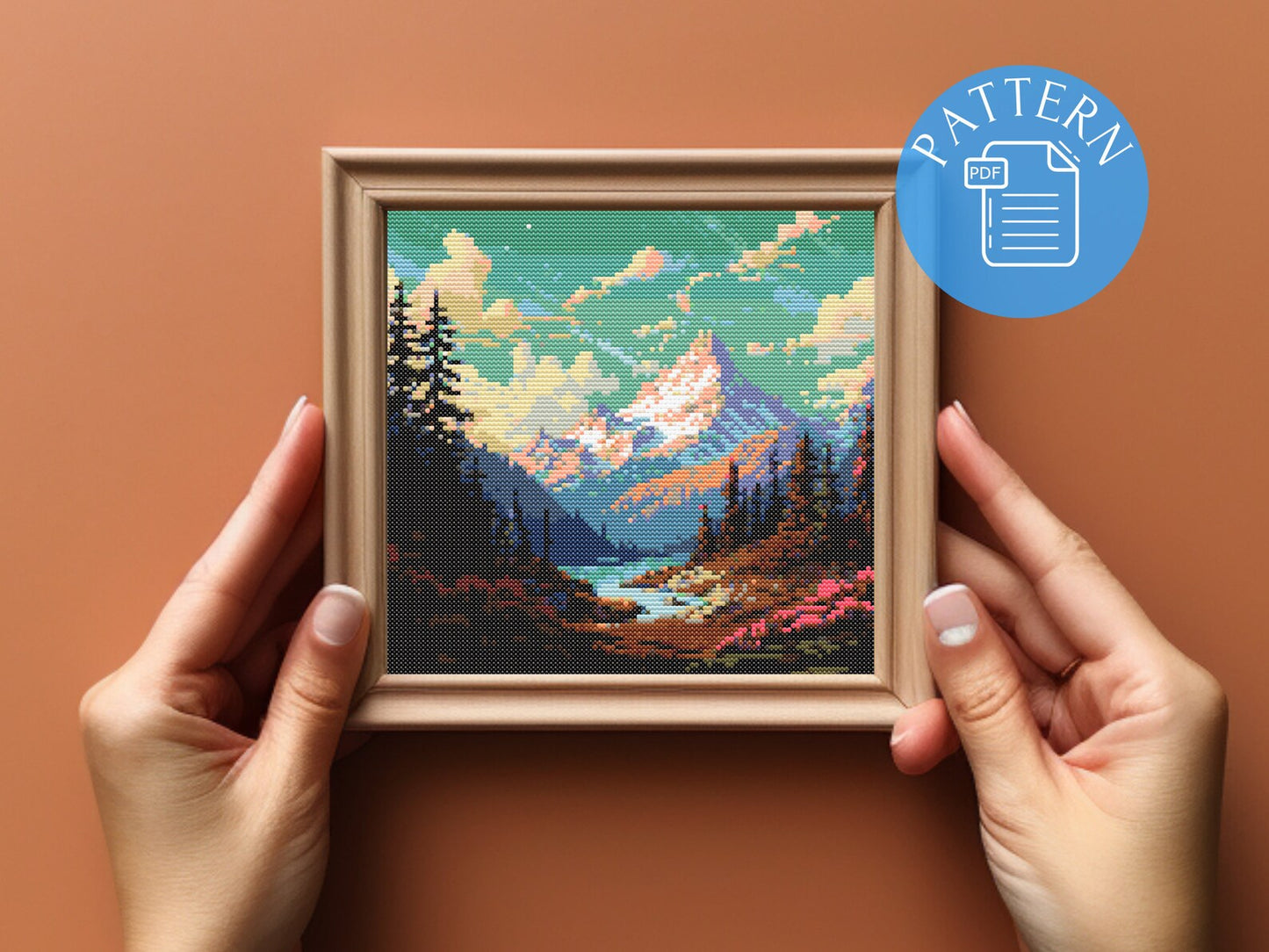 Serene Lake Cross Stitch Pattern – Sunset Mountain Landscape Embroidery – Peaceful Nature Scene – Rustic Cabin Decor – Digital PDF Download
