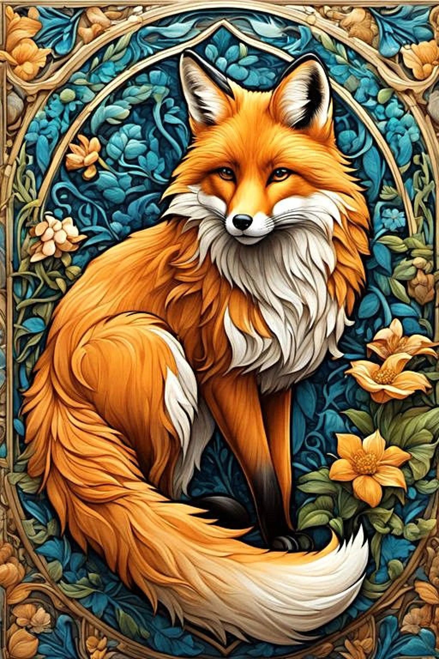Stained glass Fox in flowers Counted cross stitch Pattern Summer Flowers Modern Hand Decor Animal Embroidery Needlepoint Chart PDF Landscape