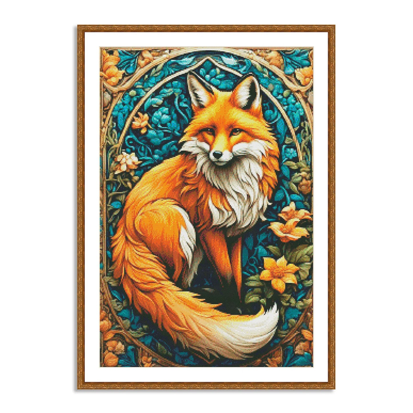 Stained glass Fox in flowers Counted cross stitch Pattern Summer Flowers Modern Hand Decor Animal Embroidery Needlepoint Chart PDF Landscape