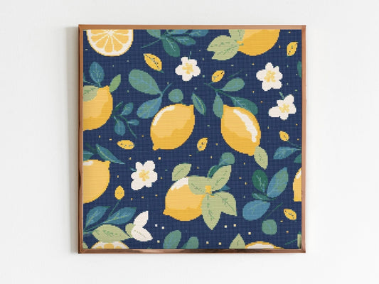 Lemon Repeating Cross Stitch Sewing Modern Embroidery Pattern Instant DMC Download Bunch of Flowers Beginner Blue Yellow Citrus Fruit Lemons