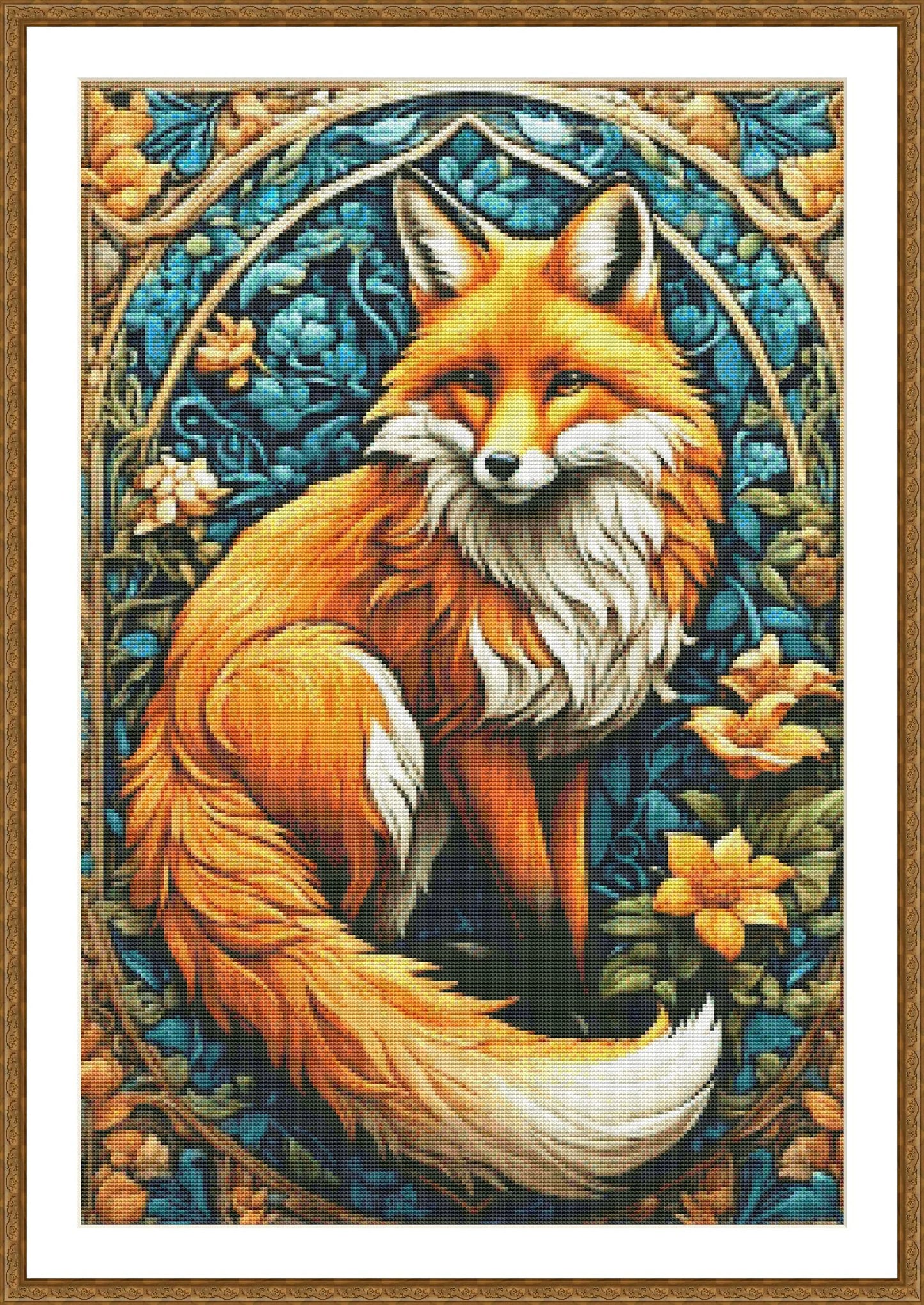 Stained glass Fox in flowers Counted cross stitch Pattern Summer Flowers Modern Hand Decor Animal Embroidery Needlepoint Chart PDF Landscape