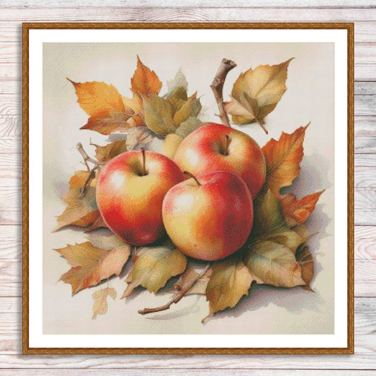 Autumn Apples Cross Stitch Pattern Kitchen Still Life Modern Decor Pattern Embroidery Needlepoint chart PDF Garden fruits Branch Leaves