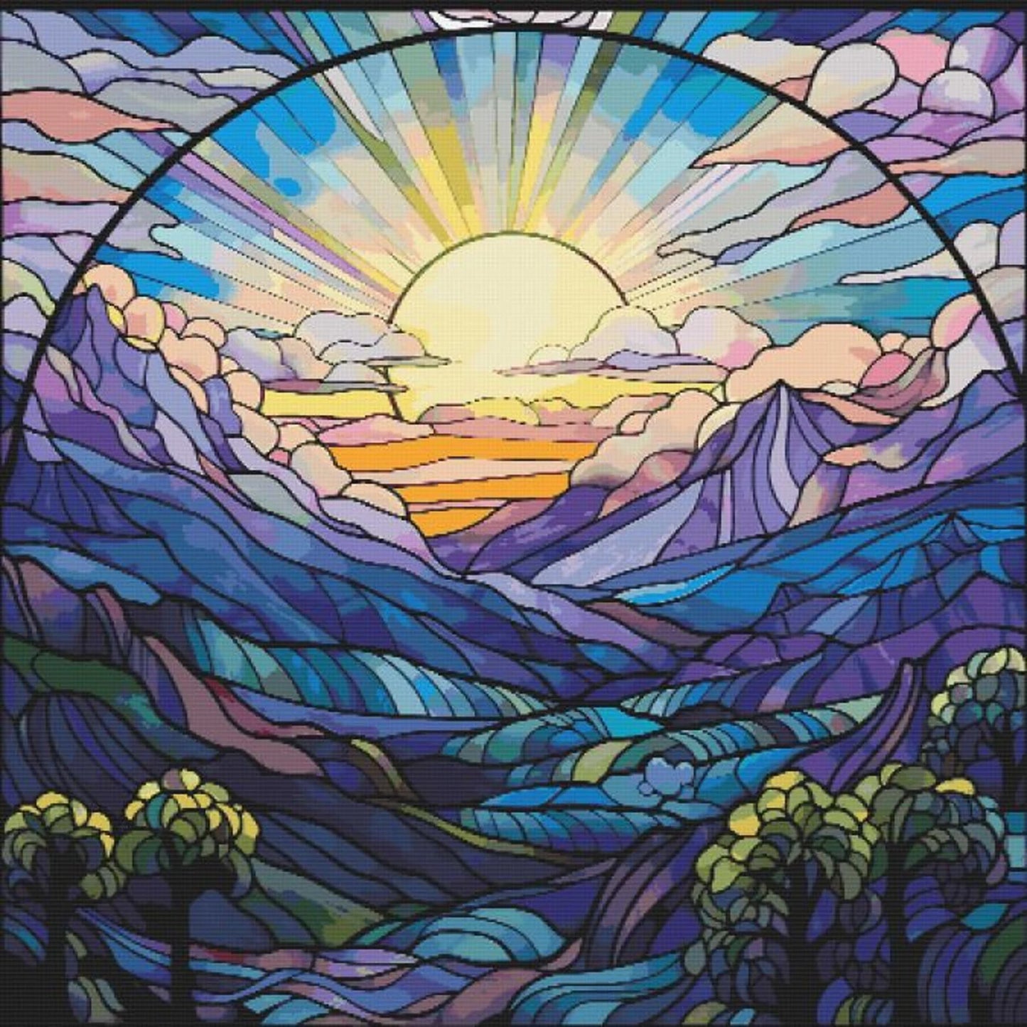 Mountain sunset cross stitch pattern full coverage PDF