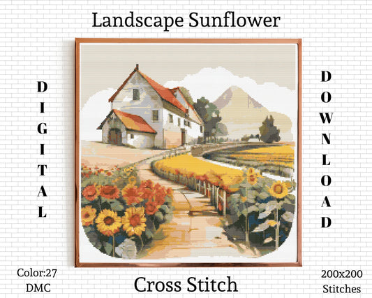 Landscape Cross Stitch Pattern | Landscape Cross Stitch | Sunflower Cross Stitch | Landscape Embroidery Pattern | Landscape Cross Stitch Kit