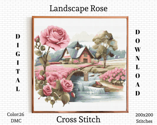 Landscape Cross Stitch Pattern | Landscape Cross Stitch | Rose Cross Stitch | Landscape Embroidery Pattern | Landscape Cross Stitch Kit