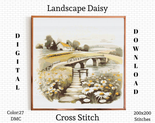 Landscape Cross Stitch Pattern | Landscape Cross Stitch | Daisy Cross Stitch | Landscape Embroidery Pattern | Landscape Cross Stitch Kit