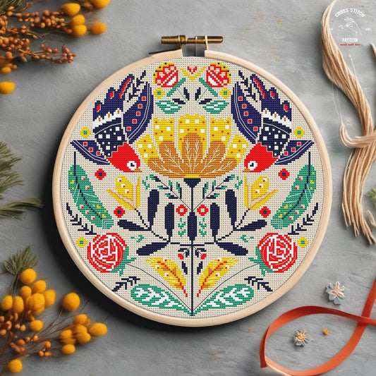 Scandinavian cross stitch pattern Nordic cross stitch Folk embroidery Vintage ornament Flower birds Modern cross stitch Wall home decor