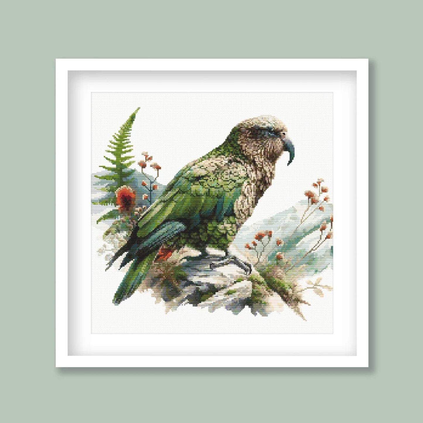 New Zealand Kea Cross Stitch Pattern. Native New Zealand Bird Cross-Stitch Pattern in watercolor tones. Digital PDF Download
