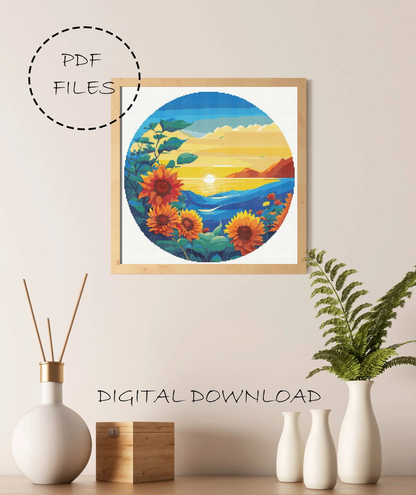 Landscape Cross Stitch Pattern | Landscape Cross Stitch | Sunflower Cross Stitch | Sunflower Embroidery Pattern | Landscape Cross Stitch Kit