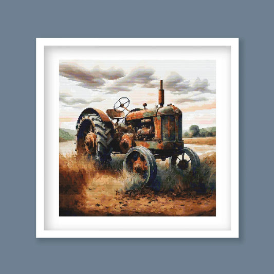 Vintage Farm Tractor Cross Stitch Pattern – Rustic Countryside Needlework Design. Digital Download