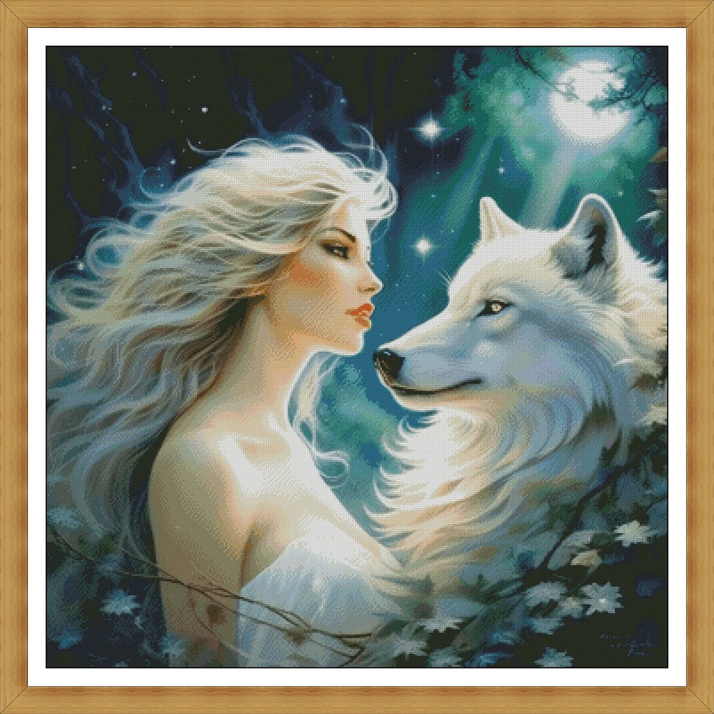 Cross Stitch Pattern,Wolf And Beautiful Lady,Night Forest View,Mysterious Forest,Instant Download,Full Coverage,Starry Night,Mystic,Nature