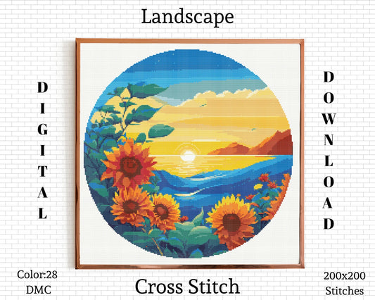 Landscape Cross Stitch Pattern | Landscape Cross Stitch | Sunflower Cross Stitch | Sunflower Embroidery Pattern | Landscape Cross Stitch Kit