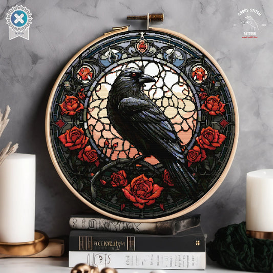 Stained Glass Raven Cross Stitch Pattern Gothic Crow cross stitch Spooky Halloween embroidery Horror cross stitch Mystic Witchy stitcher
