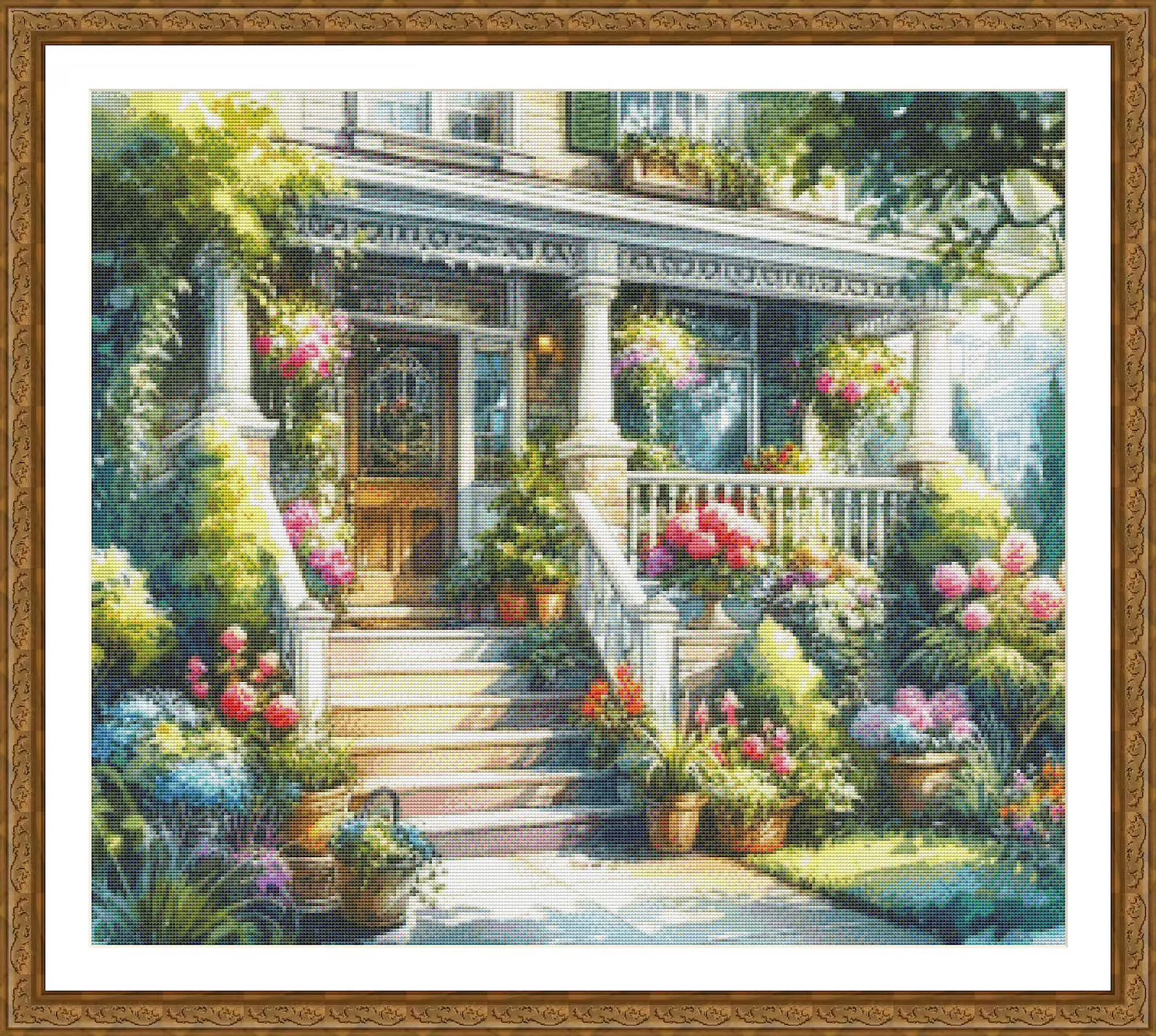 PDF House Porch Flowers Summer Counted Cross Stitch Pattern, City Landscape Instant Download Digital Format
