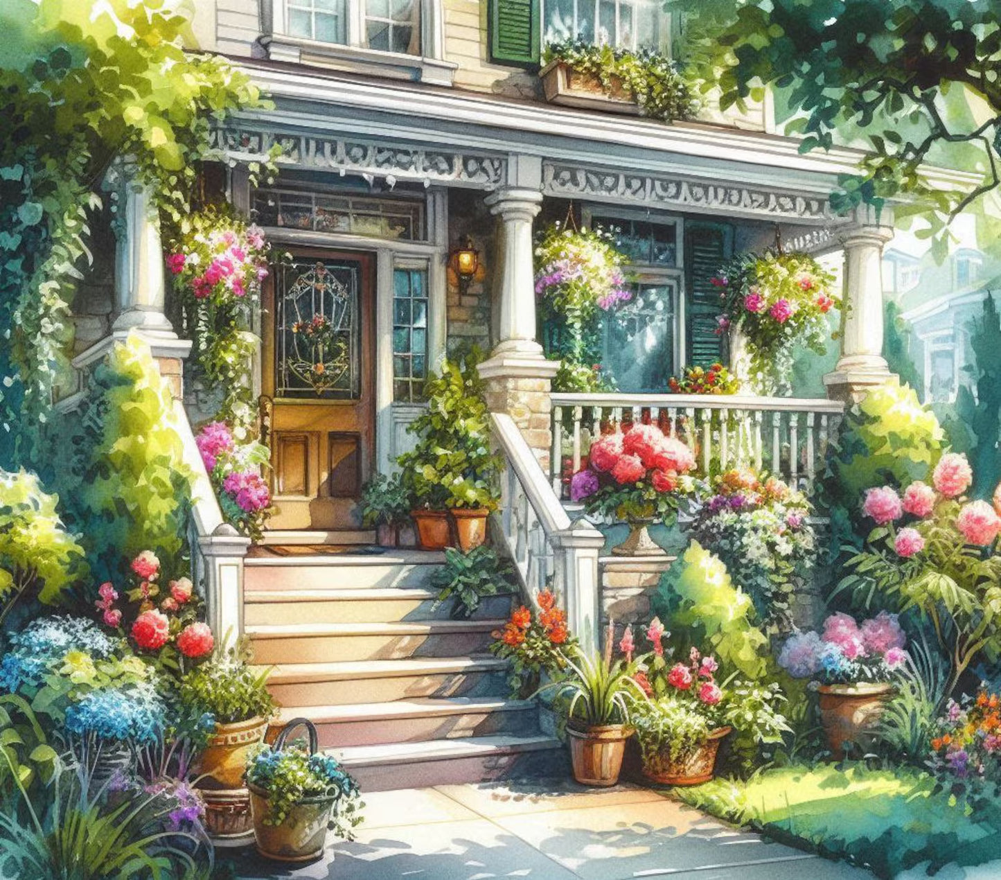 PDF House Porch Flowers Summer Counted Cross Stitch Pattern, City Landscape Instant Download Digital Format