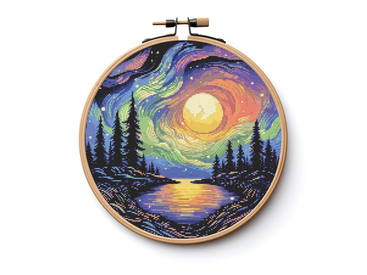 Neon Aurora Borealis Cross Stitch Pattern X-Stitch Landscape Cottagecore Needlework Forest Camping Lake Northern Lights Sewing Embroidery