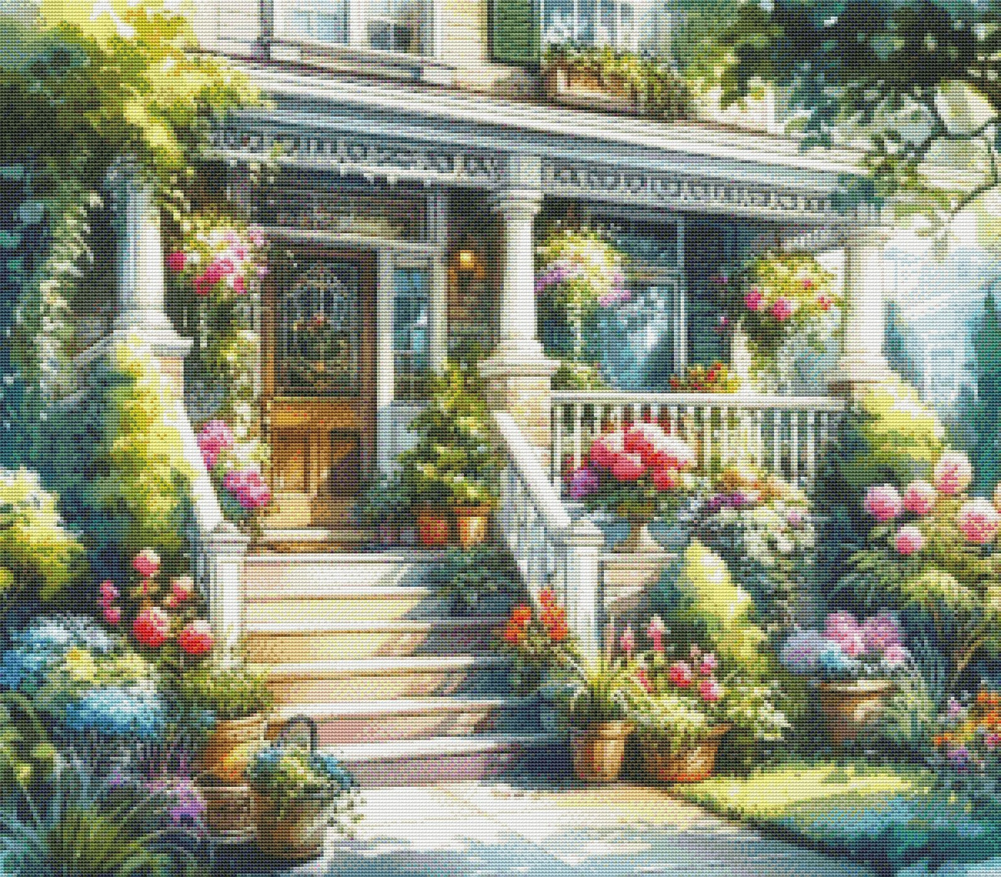 PDF House Porch Flowers Summer Counted Cross Stitch Pattern, City Landscape Instant Download Digital Format