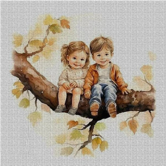 Little boy and girl cross stitch pattern, children cross stitch, children on the tree cross stitch