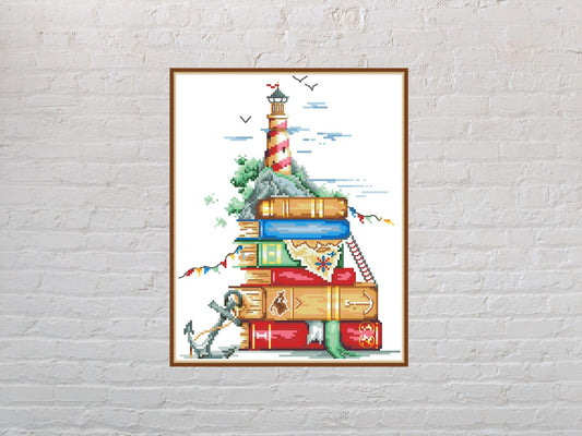 Cross stitch pattern Sea of Books, vintage cross stitch, nature embroidery, lighthouse, anchor, digital PDF file, printable cross stitch