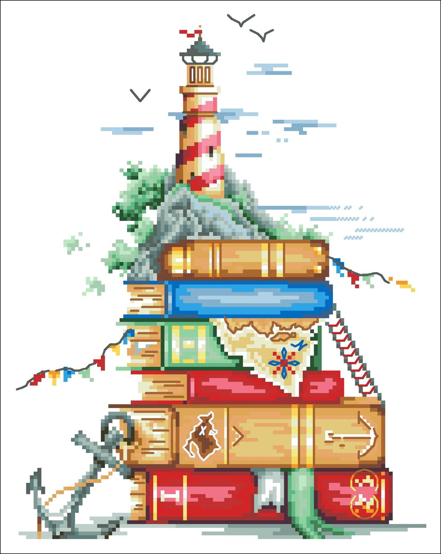 Cross stitch pattern Sea of Books, vintage cross stitch, nature embroidery, lighthouse, anchor, digital PDF file, printable cross stitch