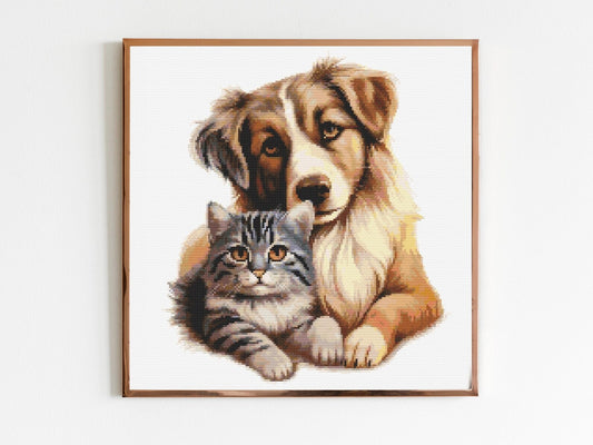 Cuddling Cat and Dog Cross Stitch Sewing Modern Embroidery Pattern Instant DMC Download Funny Snarky Cute Kitten Ying Yang Dog Puppy