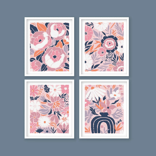 Modern Floral Cross Stitch Pattern Collection - Pink & Navy Botanical Design. Digital PDF Download