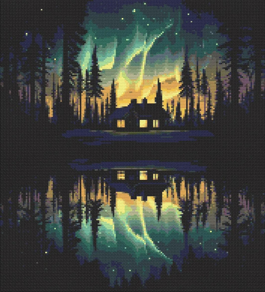 Aurora Borealis and Cabin Cross Stitch Pattern X-Stitch Landscape Cottagecore Needlework Forest Lake Sewing Embroidery Northern Lights