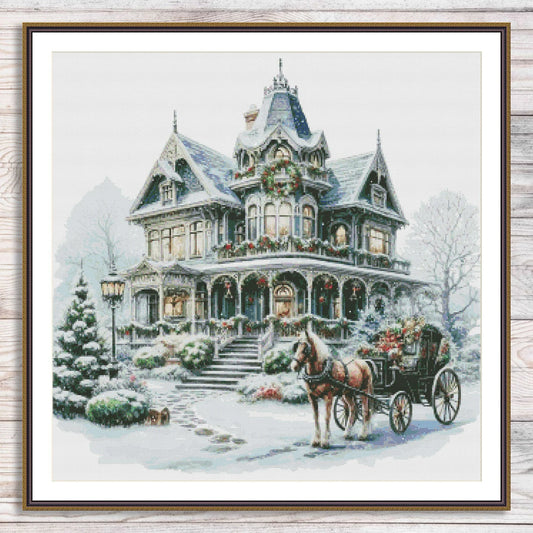 Victorian Christmas House Counted Cross Stitch Pattern Winter Landscape Holidays Hand Embroidery Needlepoint Chart Cottage PDF