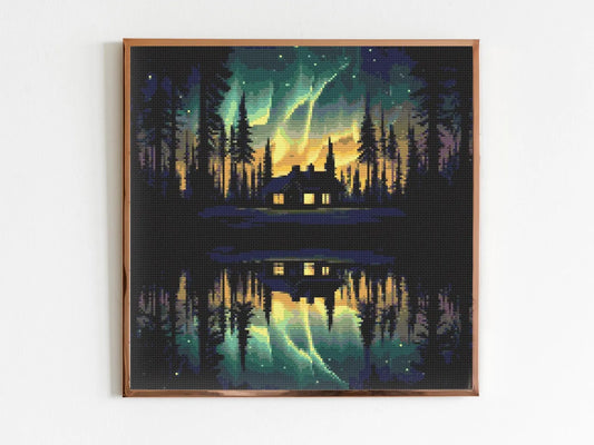 Aurora Borealis and Cabin Cross Stitch Pattern X-Stitch Landscape Cottagecore Needlework Forest Lake Sewing Embroidery Northern Lights