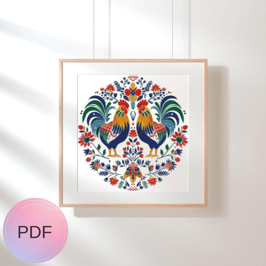 Folk Art Rooster Cross Stitch Pattern, Watercolor X Stitch Chart , Instant Download, Pdf, Animal