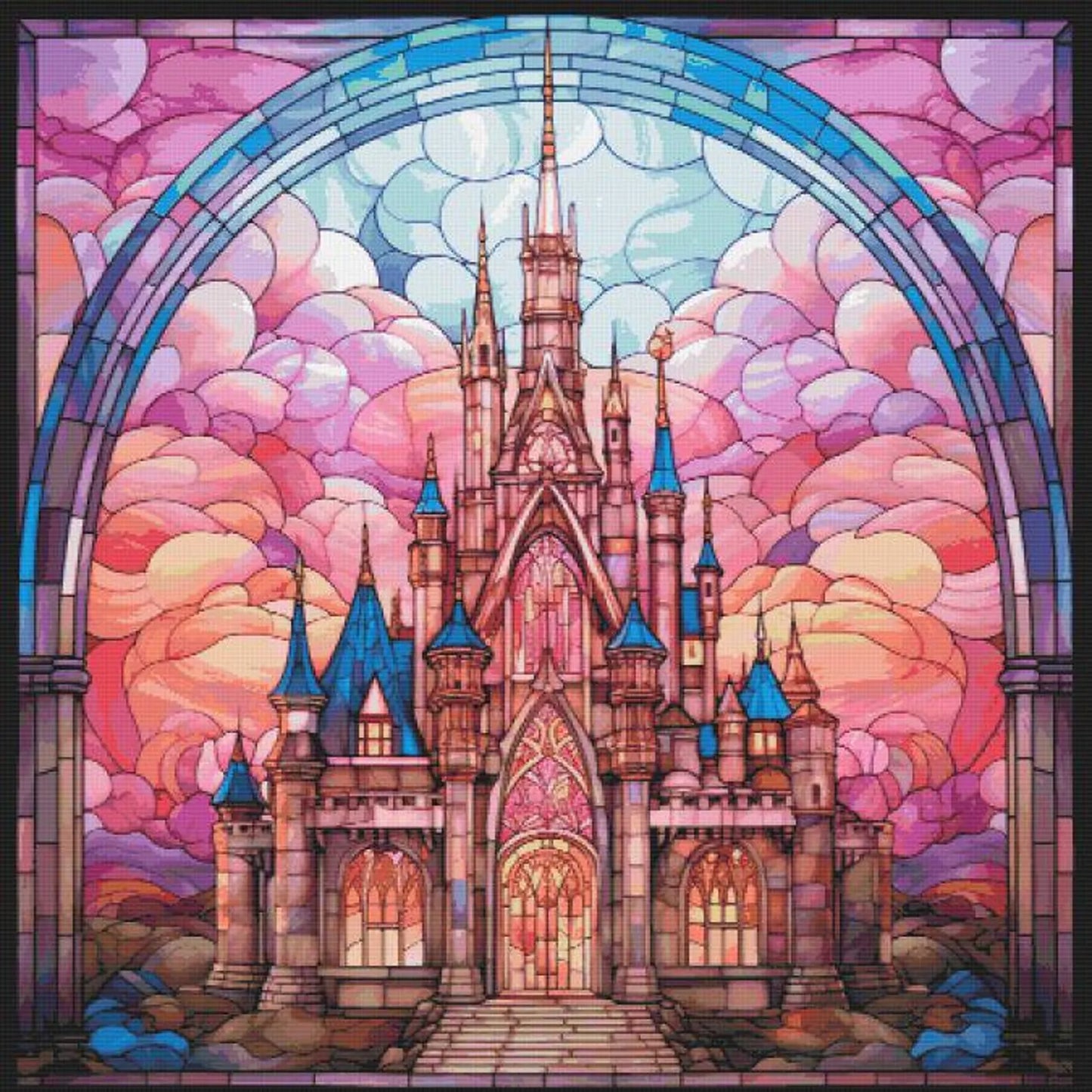 Pretty stained glass castle cross stitch pattern full coverage PDF