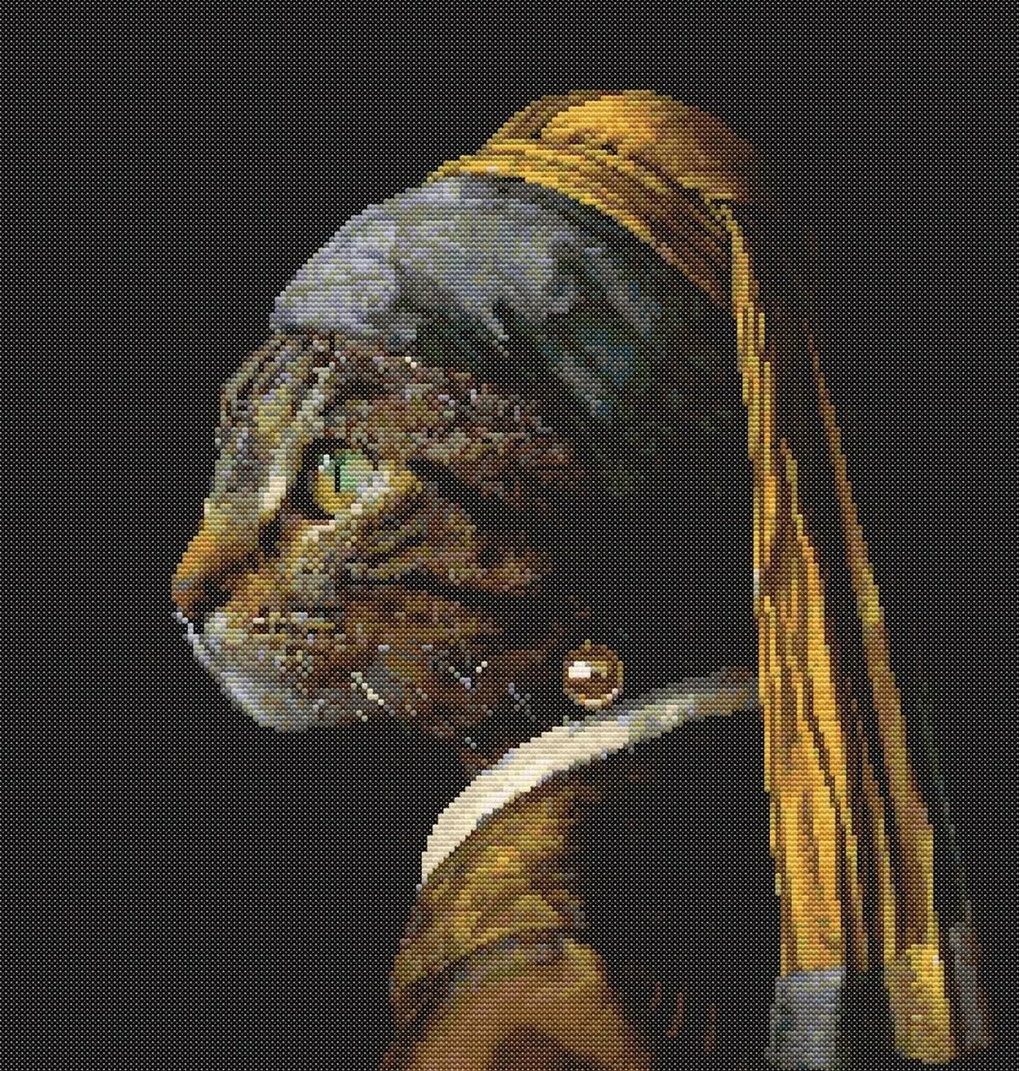 Grey Taby Cat Green Eyes With a Pearl Earring Cross Stitch Sewing Modern Embroidery Pattern DMC Cute Edvard Monk Kitten Johannes Vermeer