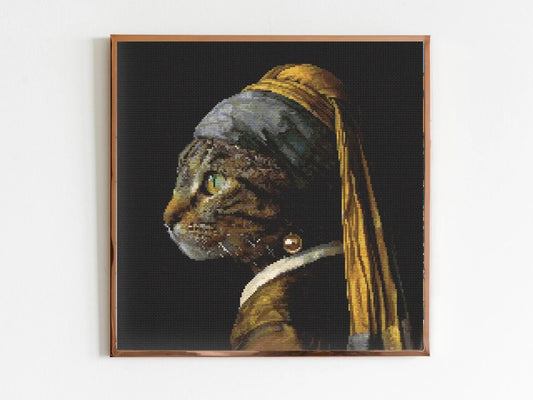 Grey Taby Cat Green Eyes With a Pearl Earring Cross Stitch Sewing Modern Embroidery Pattern DMC Cute Edvard Monk Kitten Johannes Vermeer