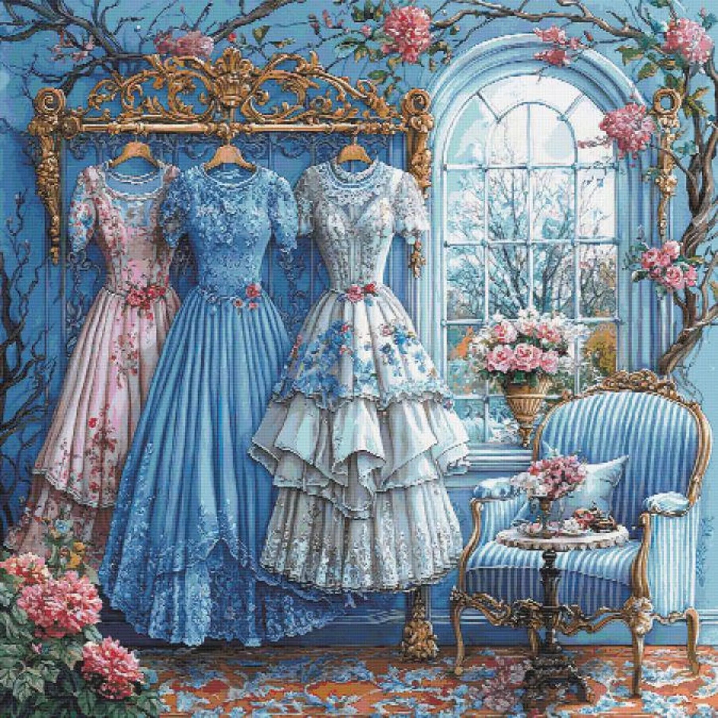 Pretty dresses cross stitch pattern full coverage PDF