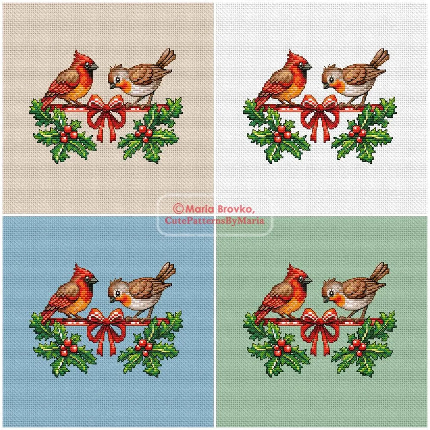 Cross Stitch Pattern Birds on a Christmas ribbon DMC Chart Printable PDF Instant Download