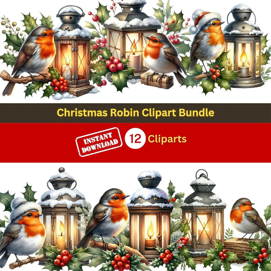12 Christmas Robin Clipart Set , Printable Watercolor clipart, High Quality JPGs, Digital download, Paper craft, junk journals