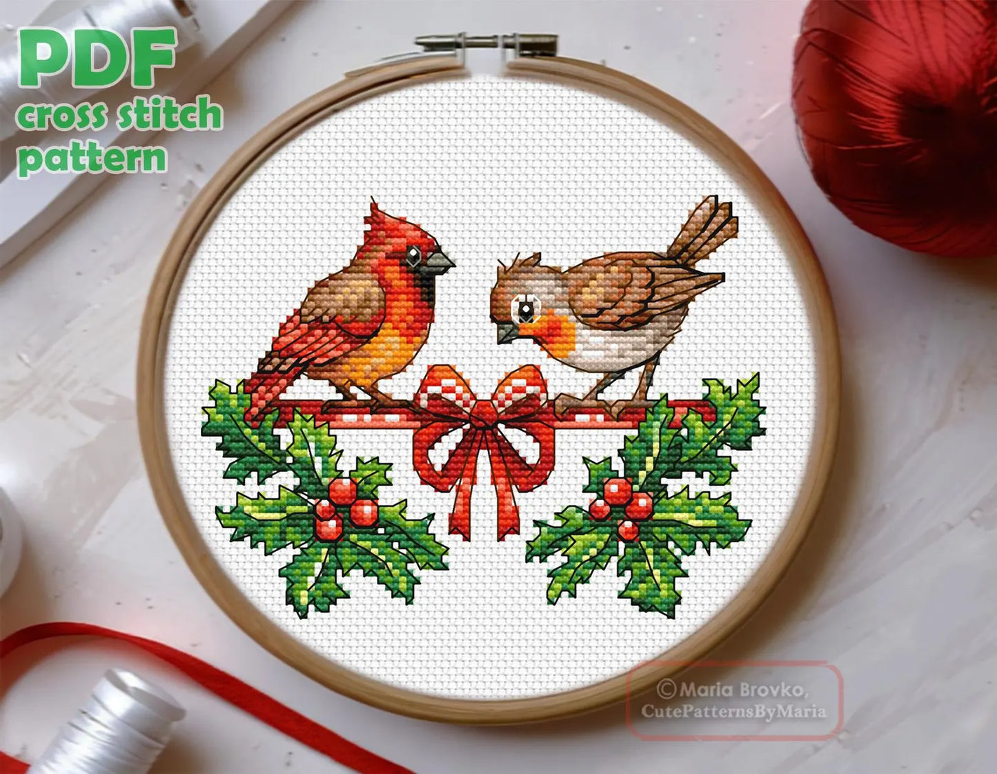 Cross Stitch Pattern Birds on a Christmas ribbon DMC Chart Printable PDF Instant Download